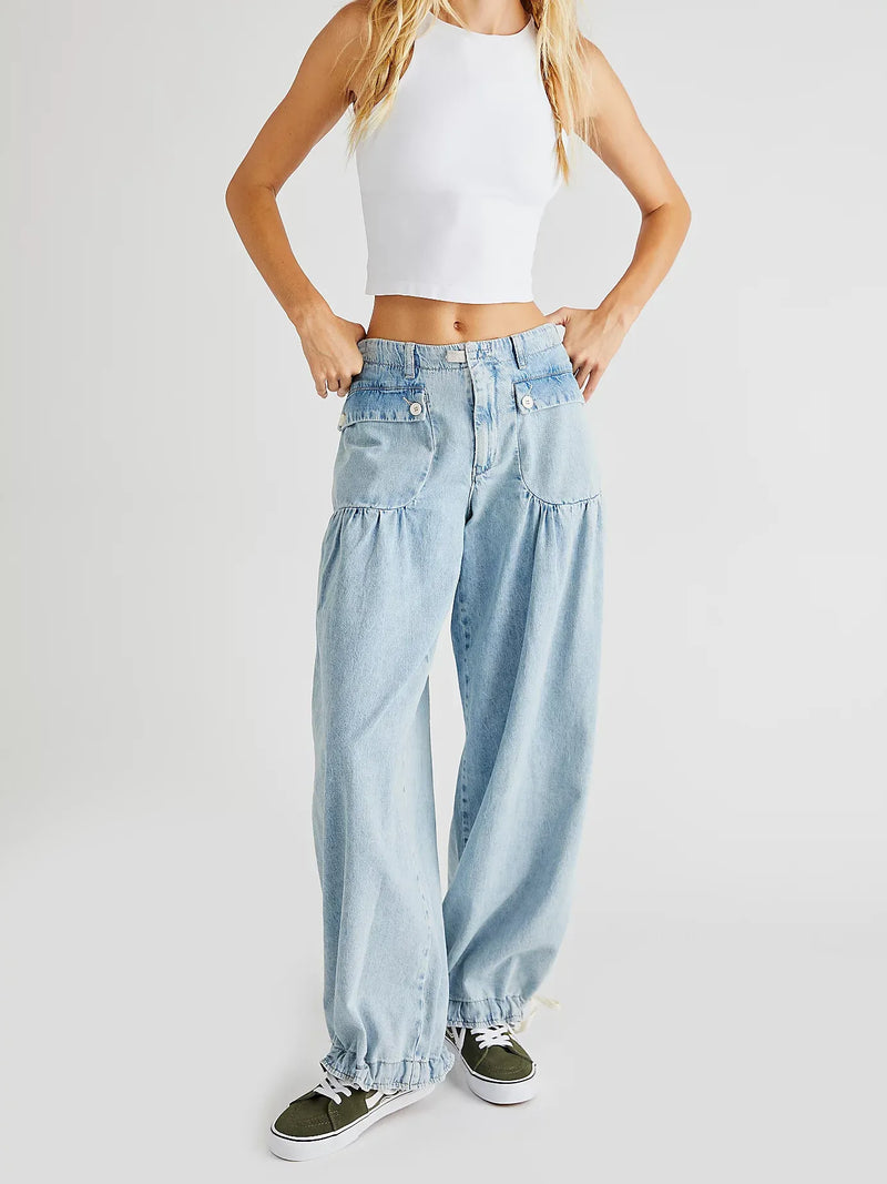 Lotus Tube Jeans, Freelady Lotus Jeans, Lotus Tube Jeans Ruffle, Womens Loose Fitting Mid High Waist Jeans