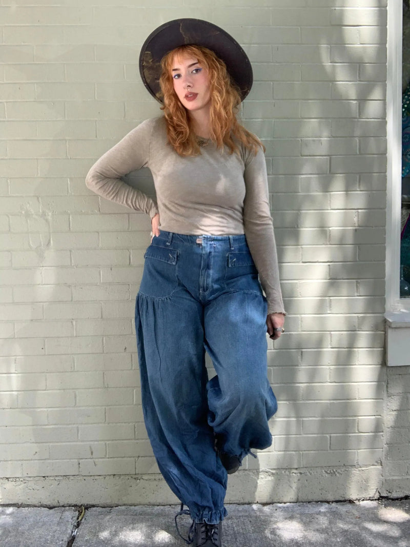 Lotus Tube Jeans, Freelady Lotus Jeans, Lotus Tube Jeans Ruffle, Womens Loose Fitting Mid High Waist Jeans