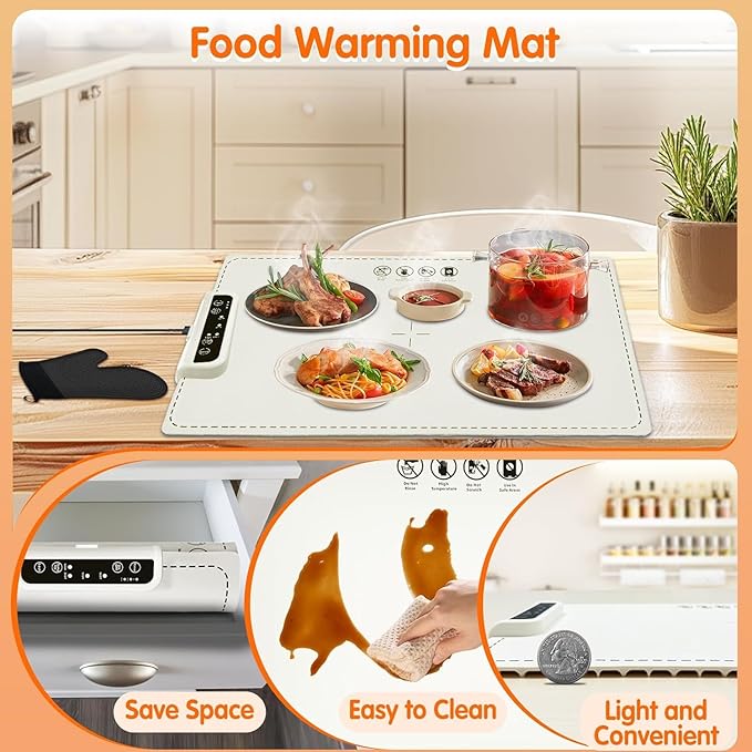 Portable  and Rollable Warming Mat for Food,Electric Warming Tray Full Surface Heating,Food Warmer with Adjustable Temperature, Food Warmers for Parties|Buffets|Gatherings,Auto Shut-Off,Everyday Use