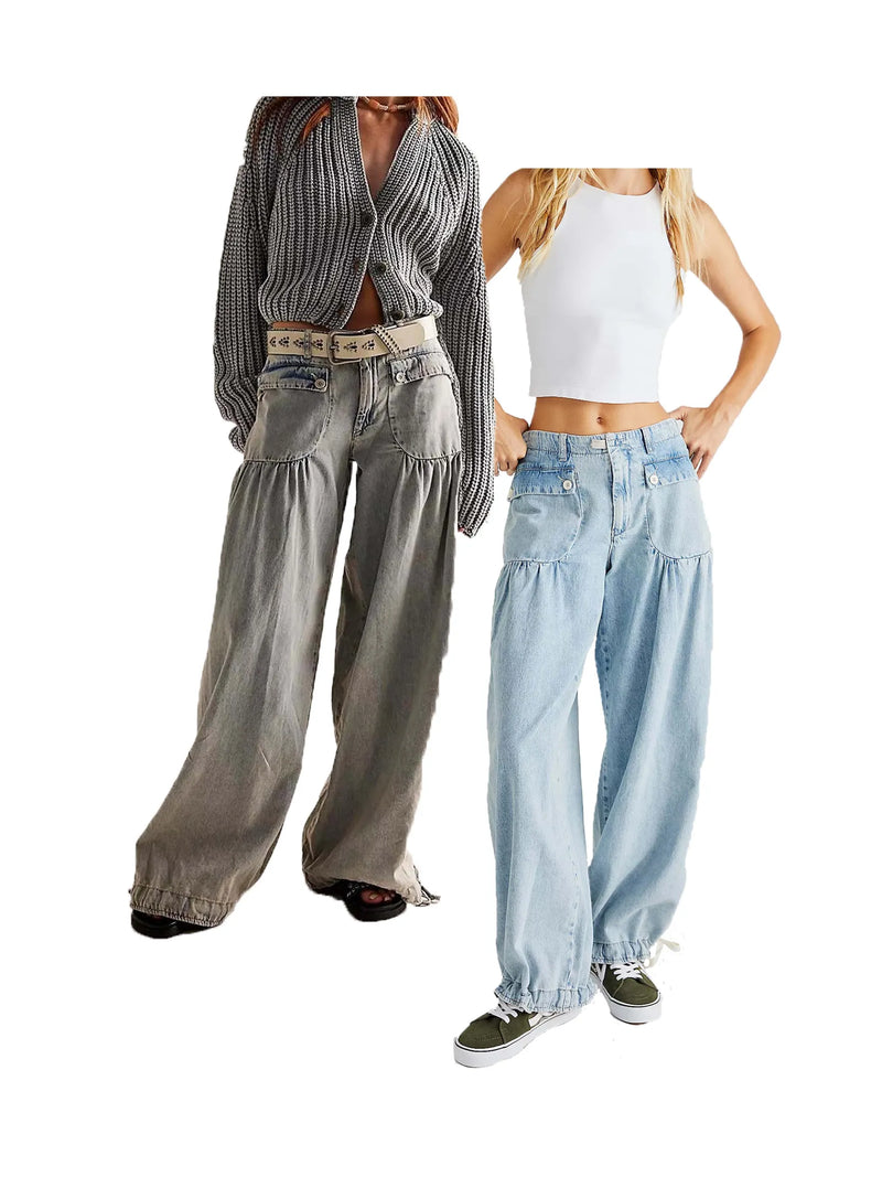 Lotus Tube Jeans, Freelady Lotus Jeans, Lotus Tube Jeans Ruffle, Womens Loose Fitting Mid High Waist Jeans