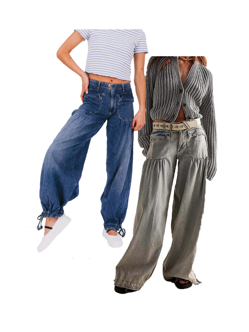 Lotus Tube Jeans, Freelady Lotus Jeans, Lotus Tube Jeans Ruffle, Womens Loose Fitting Mid High Waist Jeans