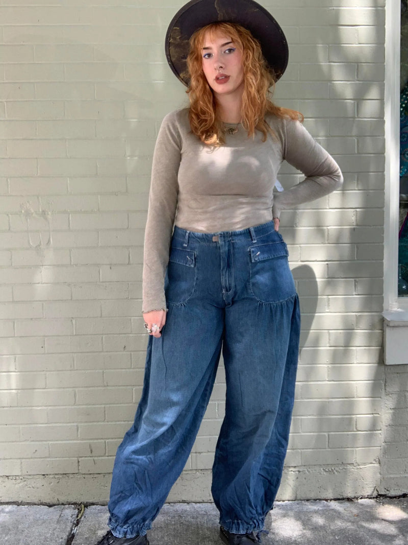 Lotus Tube Jeans, Freelady Lotus Jeans, Lotus Tube Jeans Ruffle, Womens Loose Fitting Mid High Waist Jeans